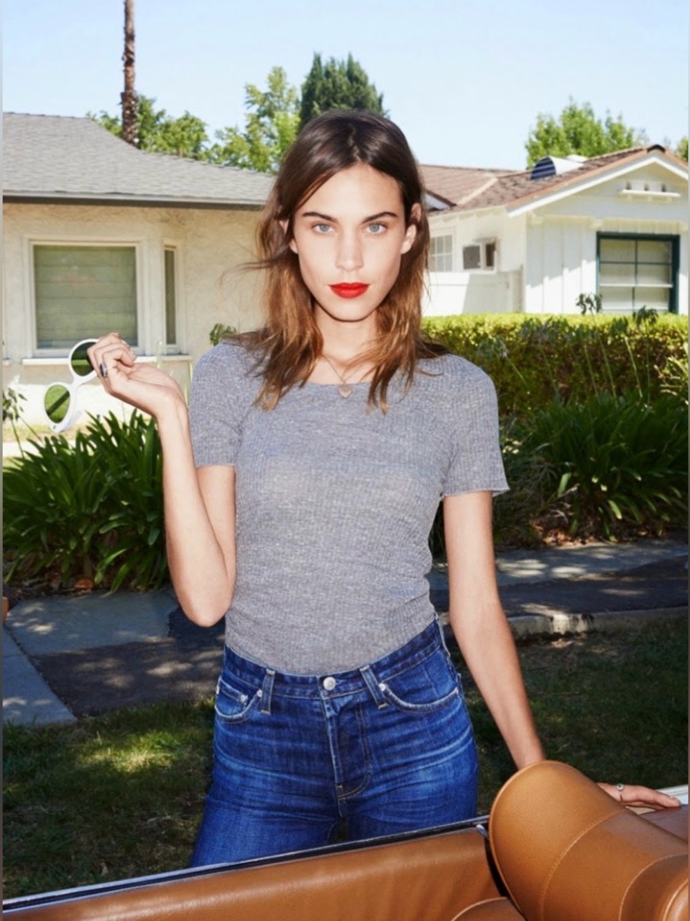 ALEXA CHUNG for AG Short Sleeve Scoop Neck Ribbed Tee - Dark Gray